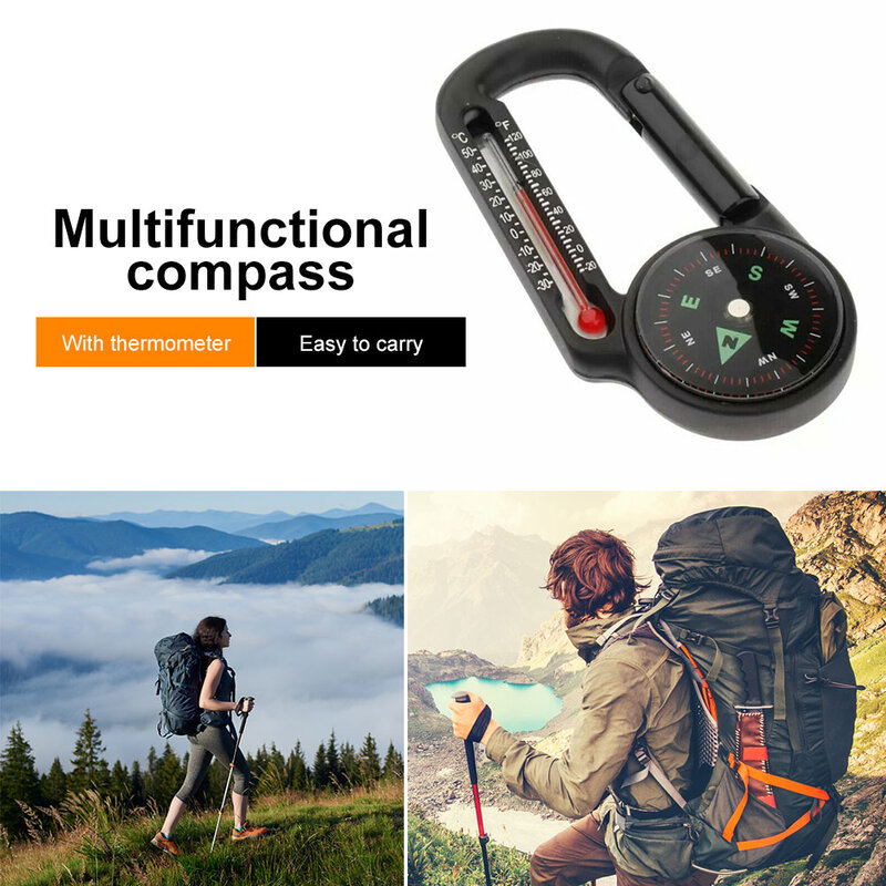 Outdoor Mountaineering Buckle Compass Pointer Mini Keychain Thermometer Compass Key Hook Camping Tools Compass Carabiners