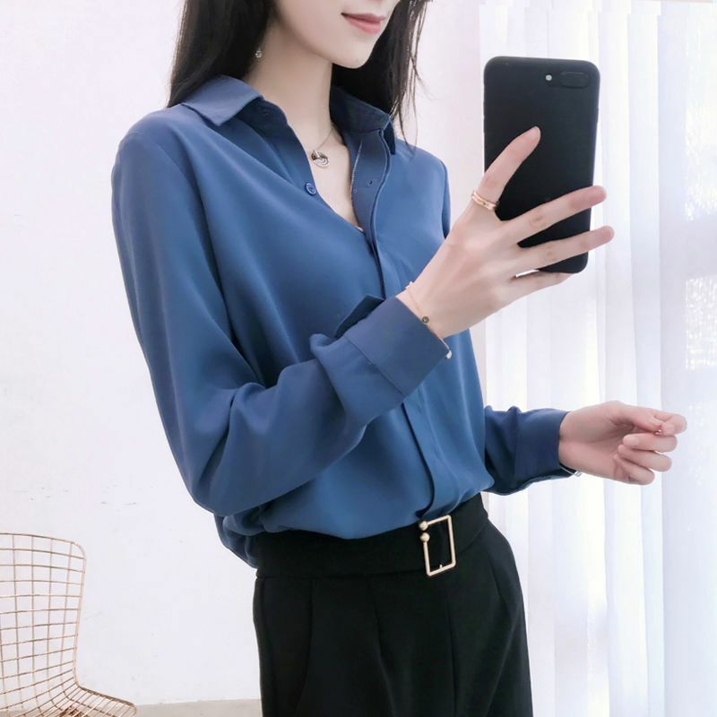 Spring New Basic All-match Shirt Tops Polo Neck Long Sleeve Solid Color Simplicity Office Blouse Elegant Fashion Women Clothing