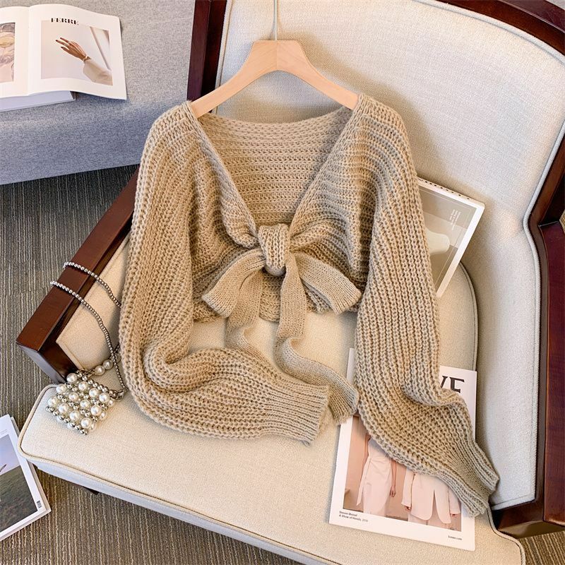 Kardigany z dzianiny damskie swetry w stylu Vintage ze słodkim bandażem jesień w czystym kolorze krótkie bluzki elegancka damska luźna odzież uliczna nowość