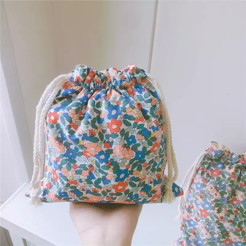 BBY154 tas kosmetik tali serut bunga, pengatur riasan katun portabel untuk wanita