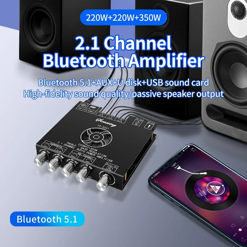 Placa Amplificadora de Potência Digital, TPA3255 AMP Subwoofer, Treble Bass Tone, APP Áudio, Função USB, YS-AS21, 2*220W + 350W, 2.1 Channel BT