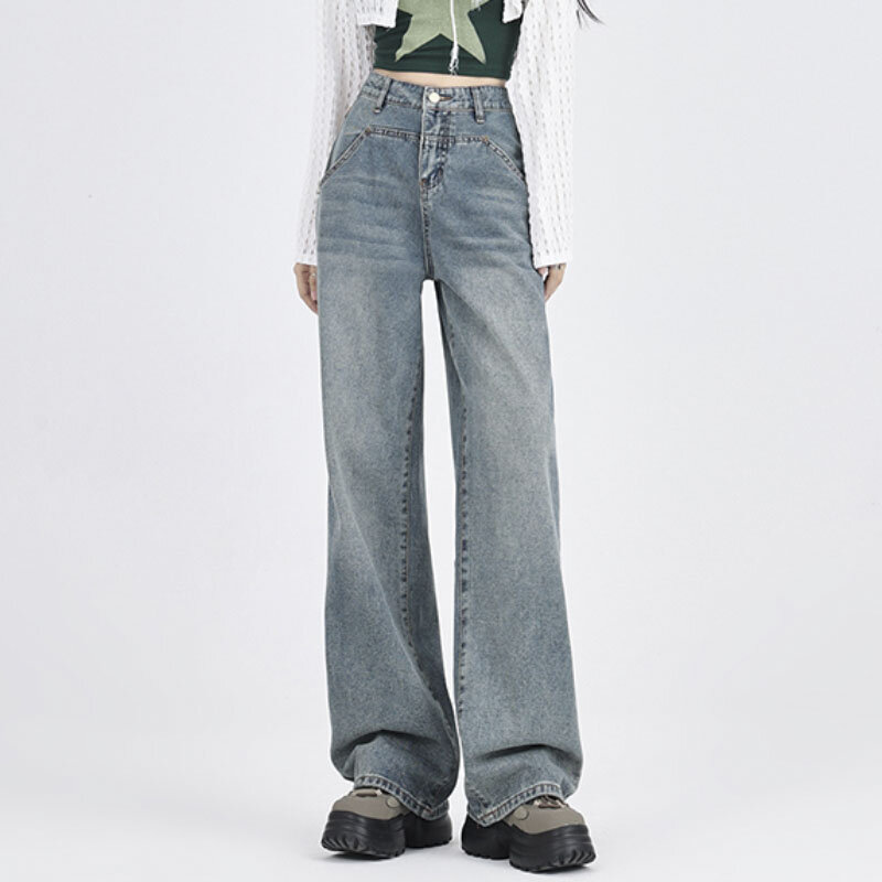 Straight Jeans Damen Herbst neue lose hohe Taille weites Bein Design Sinn Nische Split Mop Hose