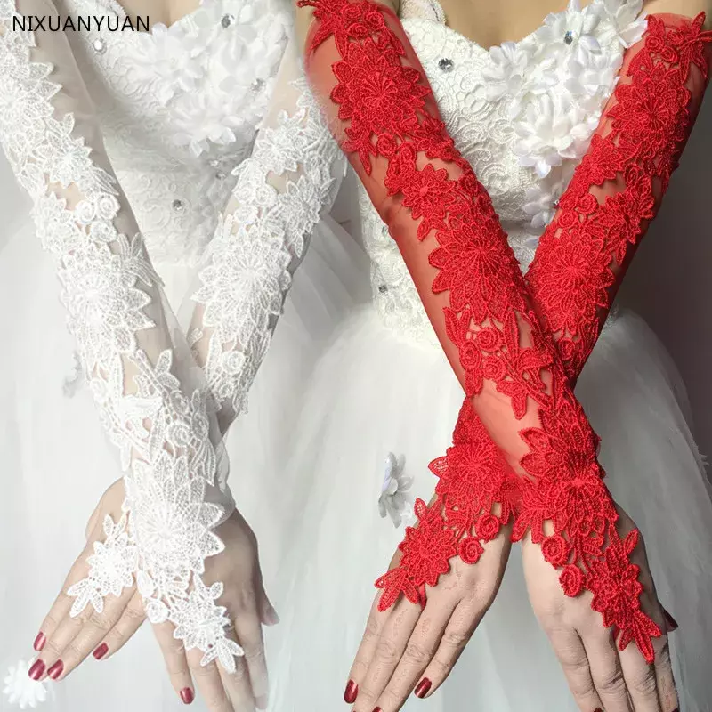 Grosir Panjang Putih Gading Merah Renda Sarung Tangan untuk Bunga Wanita Sarung Tangan Pernikahan Gants Mariage