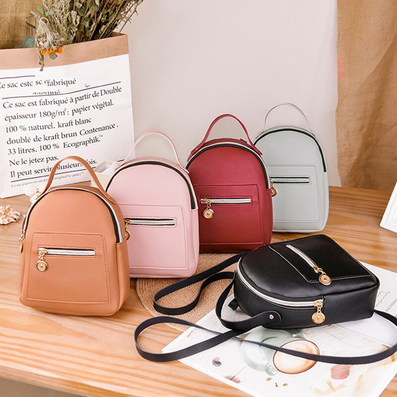 Fashion Ladies One-Shoulder Small Backpack Wallet Mobile Phone Ladies Mini Travel Backpack Pure Color Leather Bag