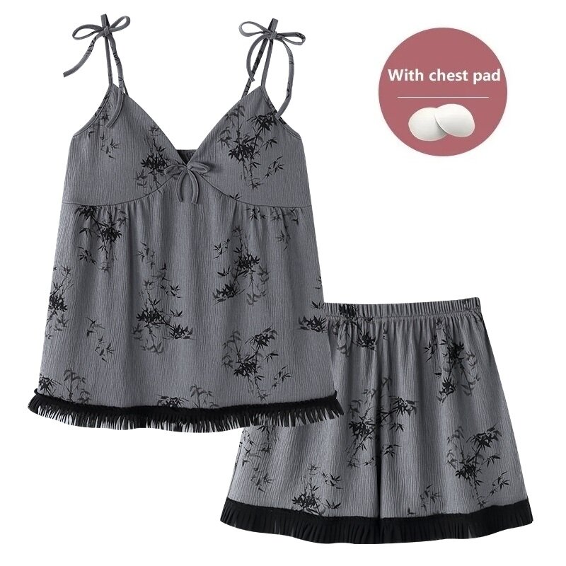 Women's Sleepwear With Chest Pad Sling Pajamas Set Cotton Pyjamas Female Sleeveless V-Neck Floral Tops + Shorts Summer Nightwear