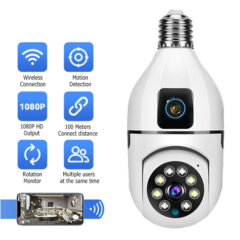 미니 스마트 카메라 V380 프로 와이파이 CCTV 무선 1080P IP 4K 360 도 보안 카메라, 적외선 야간 투시경 플래시 E27 전구