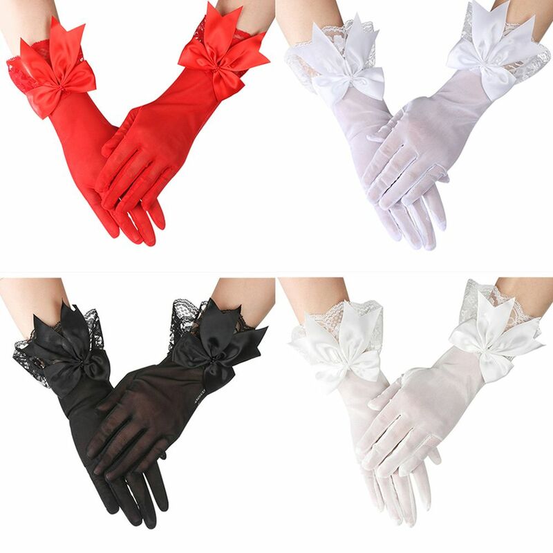 Свадебные искусственные шифоновые белые рукавицы для невесты с бантом для вождения перчатки кружевные перчатки