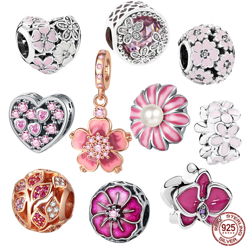 925 Sterling Silver Dangle Charme Bead, Pink Daisy Flower, Cherry Blossom, Fits Original Pulseira Pandora, Presente da jóia, recém-chegados