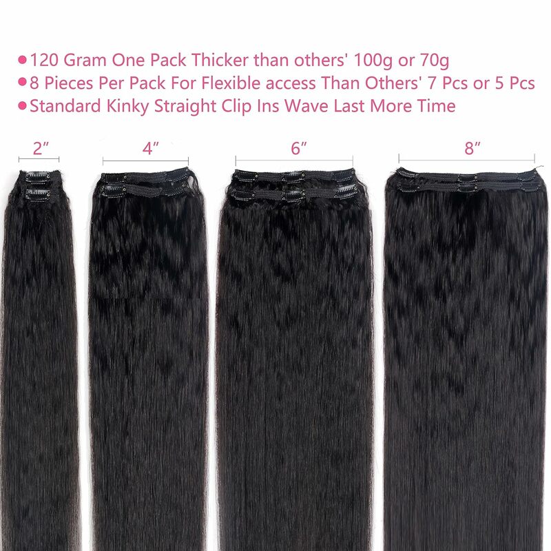 Kinky Straight Clip In Hair Extensions Natural Black Hair Brazilian Real Human Hairpiece For Women 12 To 26 Inch Full Head 120G