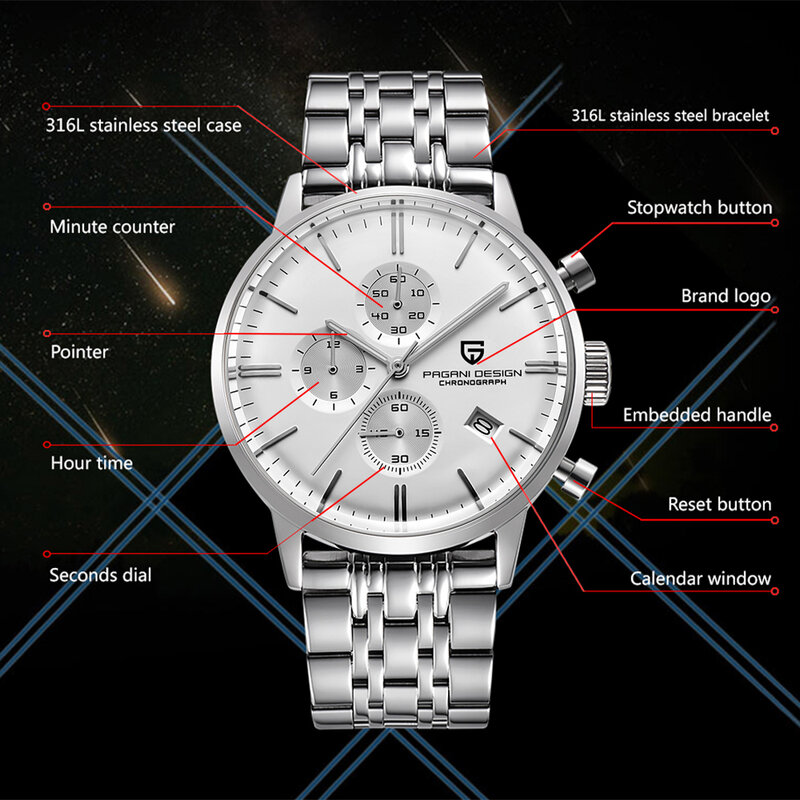 PAGANI DESIGN orologio al quarzo da uomo movimento giapponese VK67 orologio cronografo impermeabile in acciaio inossidabile Relogio Masculino PD2720