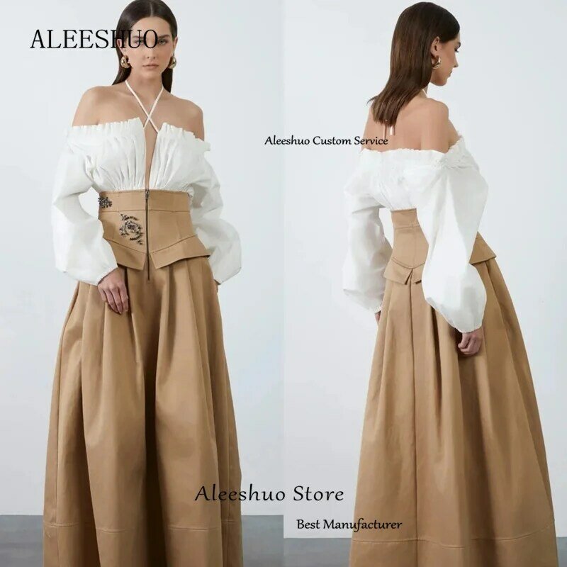 Aleeshuo-モダンなAラインプロムドレス,セクシーなホルターネックドレス,裸の肩,イブニングドレス,オープンバック,長袖,床の長さの延長ドレス