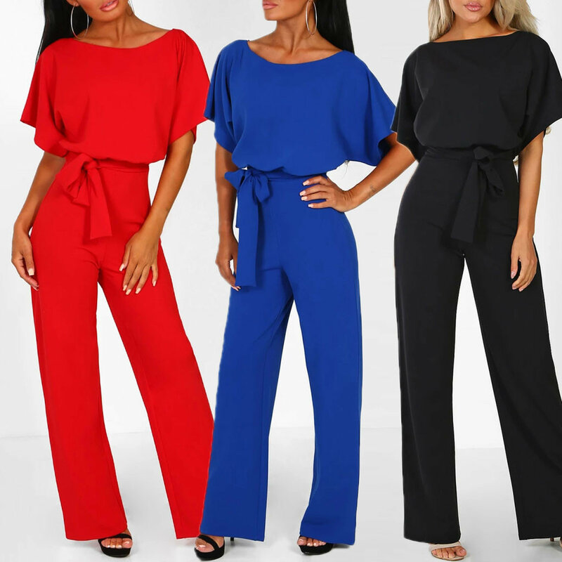 Women's Lace Up Button up Round Neck Short Sleeved Jumpsuit Solid Color Loose Straight Leg Jumpsuits For Women
