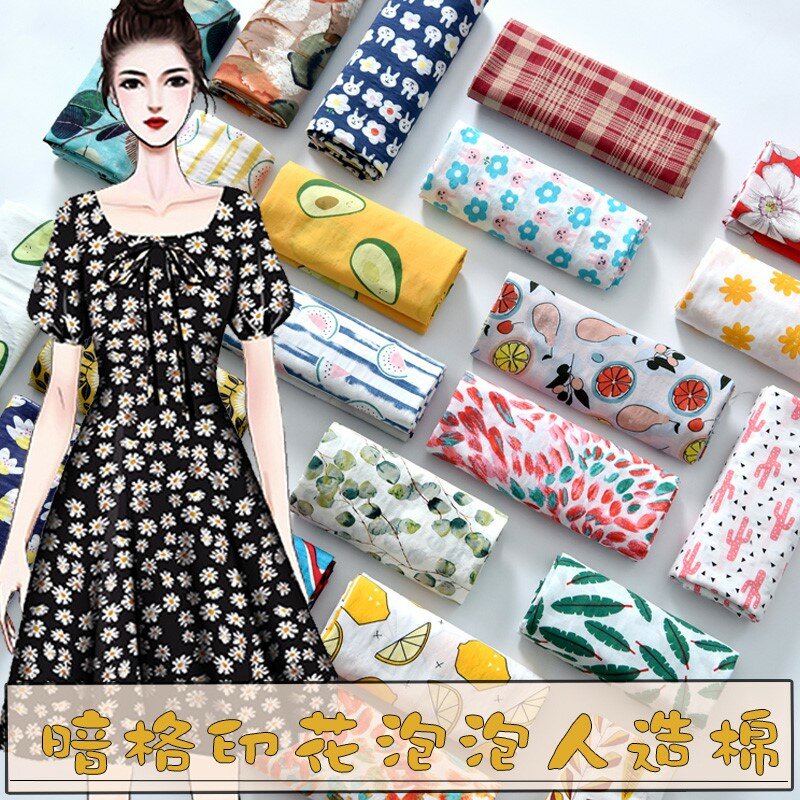 Cotton Bubble Artificial Silk Fabric Printed and Linen Skirt Cheongsam Clothing Thin