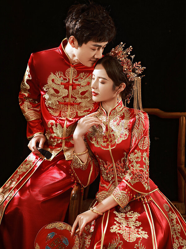 Vestido de novia bordado de dragón Fénix para pareja, elegante Collar mandarín, Cheongsam, estilo chino, exquisito conjunto de matrimonio