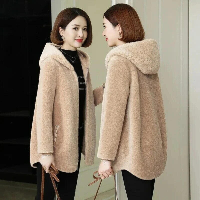 2023 New Winter Faux Fur zipper Hooded Jacket Women addensare Warm parka Ladies Lamb Wool Outwear cappotti di tosatura delle pecore coreane