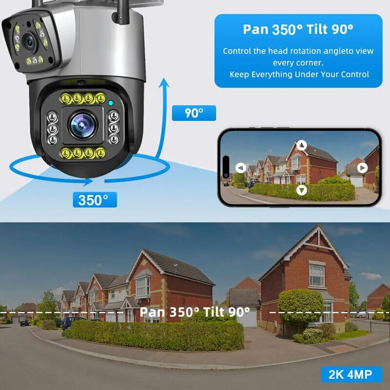Câmera de Vigilância de Lente Dupla, Câmera Exterior Sem Fio, Casa Inteligente, Visão Noturna, V380 Digital Zoom CCTV, WiFi, 4G, 8MP, 4K