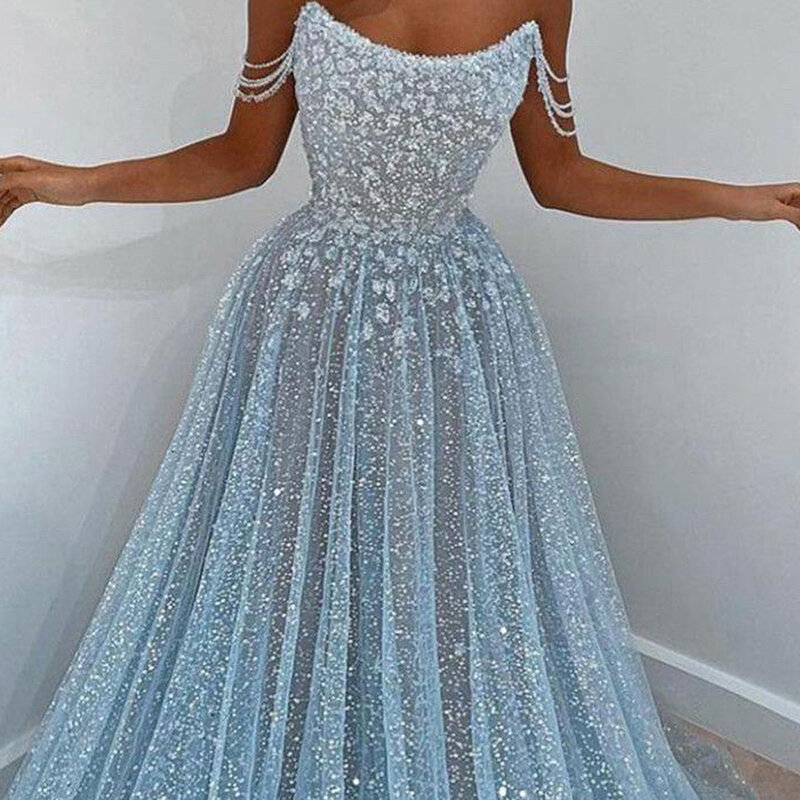 Blue Tulle Elegant Evening Dresses For Women 2024 Strapless A Line Beading Sequined Vestido De Fiesta Formal Wedding Party Gown