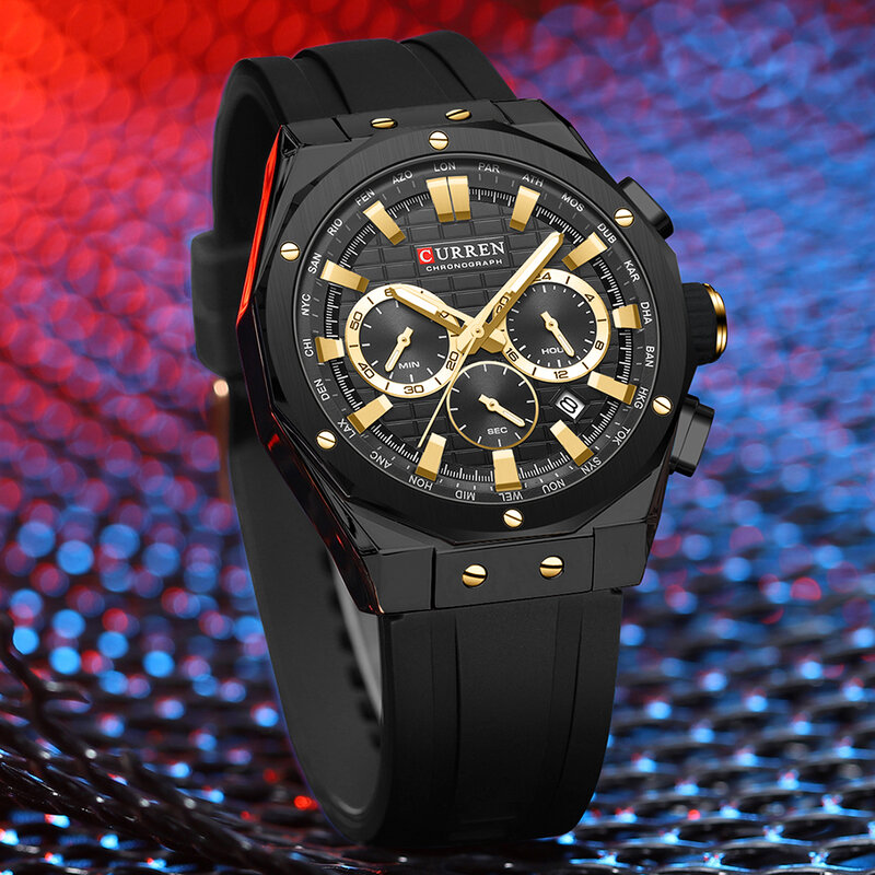 CURREN Men Wristwatch Fashion Luxury Waterproof Sport Stopwatch Quartz Watches Business Wrist Watch for Man Silicone Strap