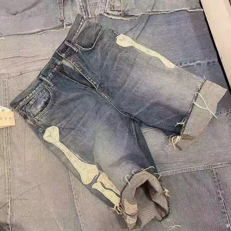 Свободные расклешенные брюки KAPITAL Hirata Hohiro, вышитые джинсовые шорты с необработанными краями для мужчин и женщин, повседневные джинсы