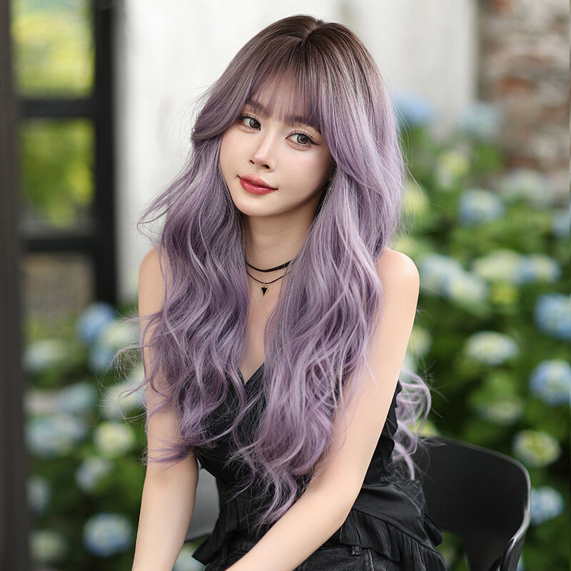 7JHH Wig Lolita sintetis tubuh Wig bergelombang ungu dengan akar gelap Wig rambut berlapis kepadatan tinggi untuk wanita pemula