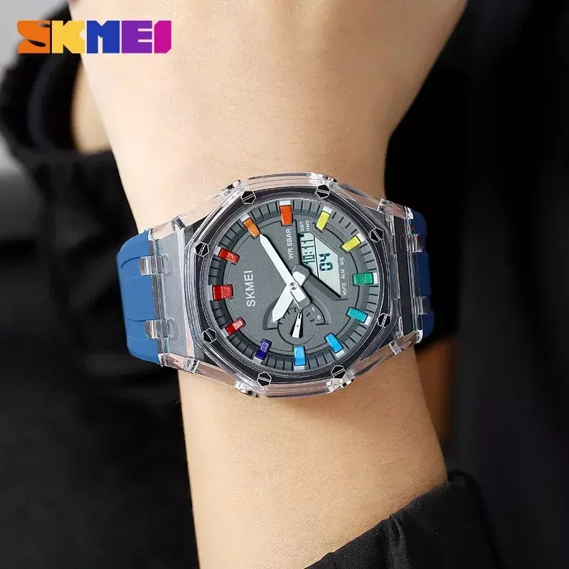 SKMEI-Reloj de pulsera electrónico para hombre, cronómetro de cuenta atrás, resistente al agua, con luz Led, movimiento, 5 despertadores, 2 tiempos, Digital, 2100