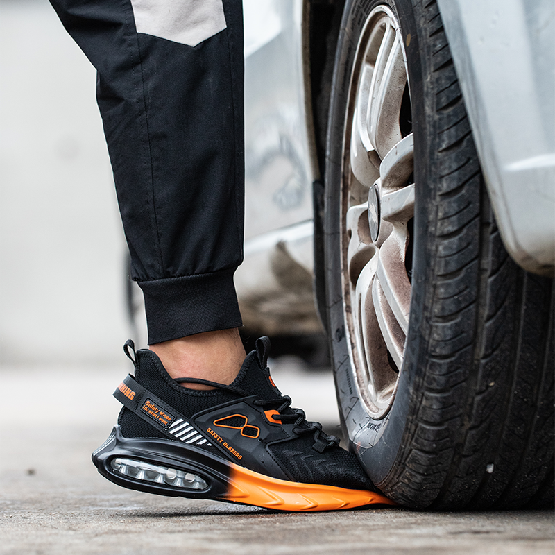 THREEDIV-zapatos de seguridad para hombre, zapatillas deportivas con punta de acero y amortiguación de aire, color naranja, calzado Industrial antigolpes de trabajo grande, color negro