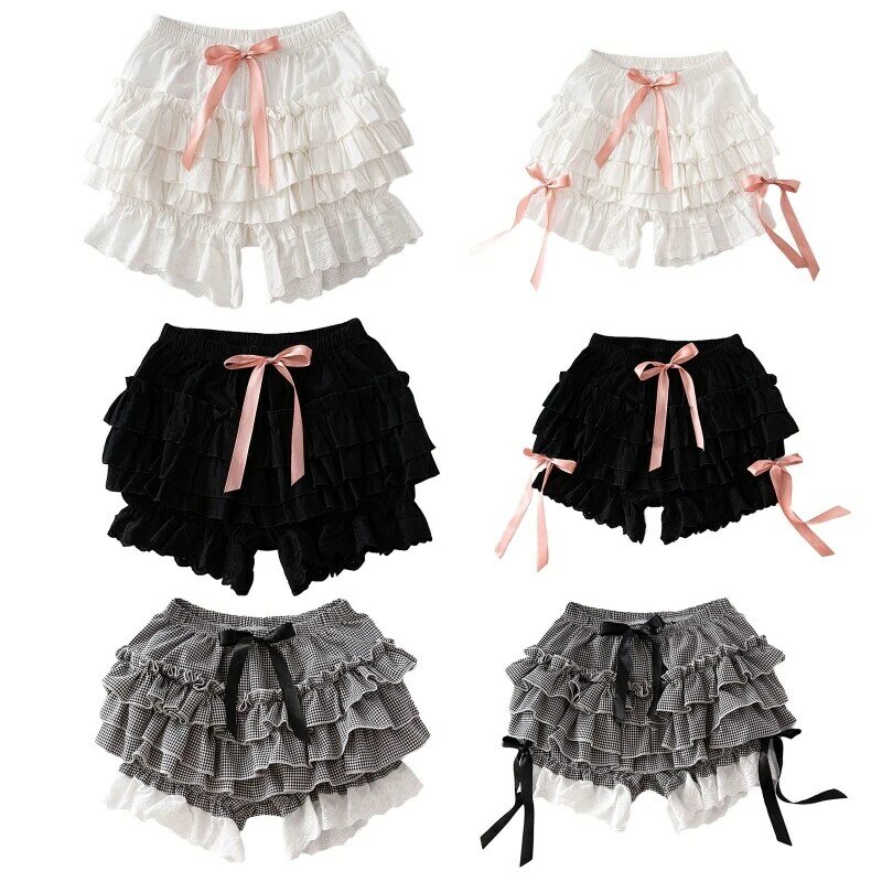 Kobiety dziewczęta Vintage Lolita Bloomers luźna dynia spodnie jednolita, z marszczeniami koronkowe brzegi słodki Bowknot Gothic elastyczna talia bezpieczeństwo