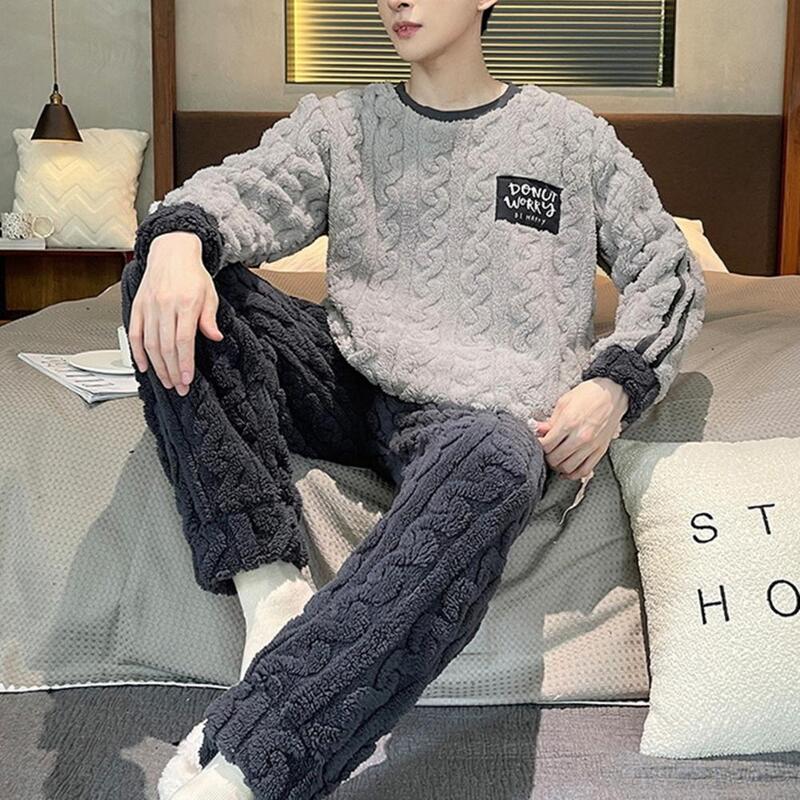 Thick Pajamas Round Neck Long Sleeve Thickened Homecoat Set Thick Twisted Texture Elastic Waist Men's Winter Pajamas Set for Men