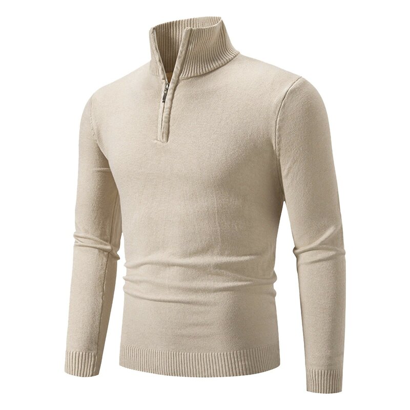 Suéter de pescoço simulado masculino, ajuste fino, fecho trimestre, pulôver casual