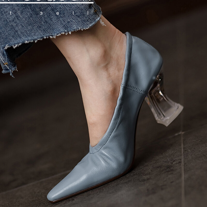 Women Pumps natural leather shoes Plus size 22-26.5cm length Soft sheepskin square head crystal heel womans shoes Full leather