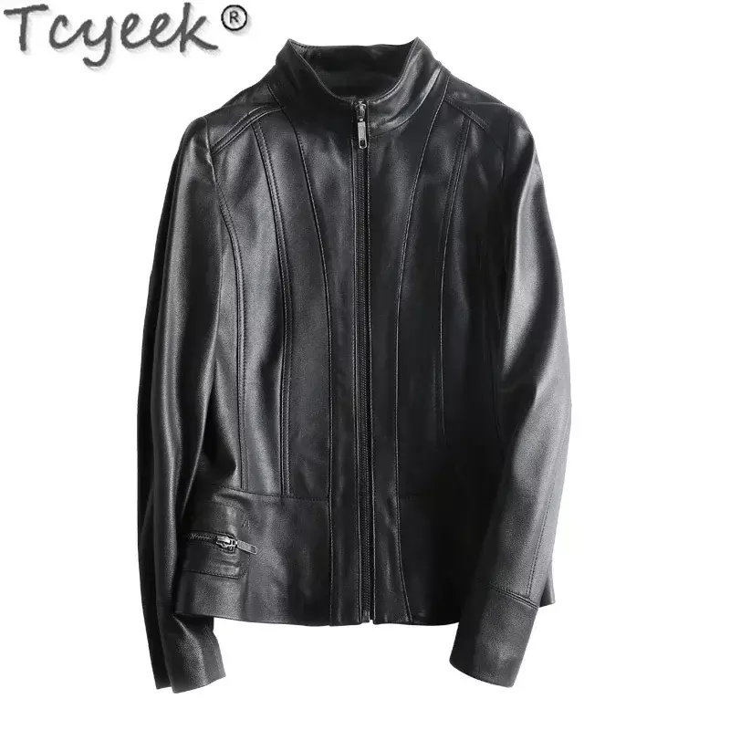 Tcyeek-Chaqueta de piel auténtica para mujer, abrigo de piel de oveja con cuello levantado, para motocicleta, primavera y otoño, 2023