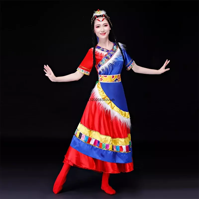 Kostum pertunjukan tari Tibet kualitas tinggi kostum pertunjukan tari minoritas etnik Xizang Zhuoma setelan dansa persegi