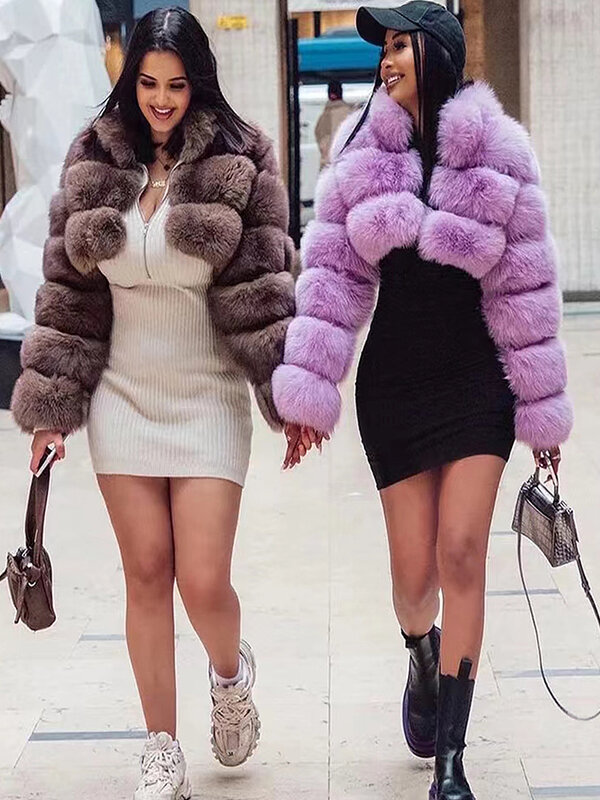 여성용 크롭 모피 재킷, 럭셔리 밍크 코트, 겨울 탑 패션, 핑크 인조 모피 코트, 우아하고 두껍고 따뜻한 겉옷, 가짜 모피 여성 재킷