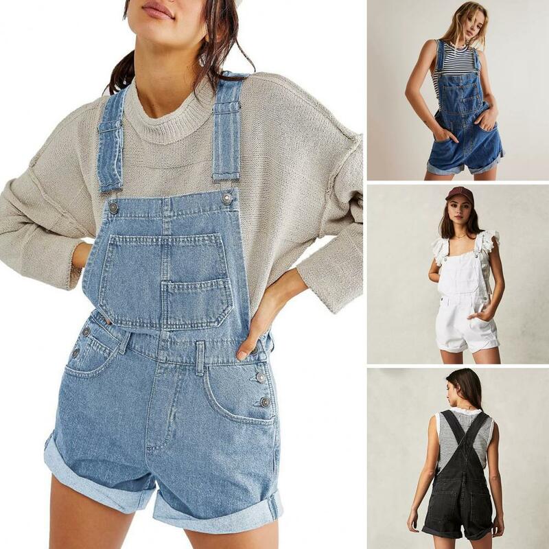 High-waist Jeans Loose Pockets Button Zipper Jeans with Adjustable Straps Stylish Women's Denim Suspender Shorts for Daily Wear