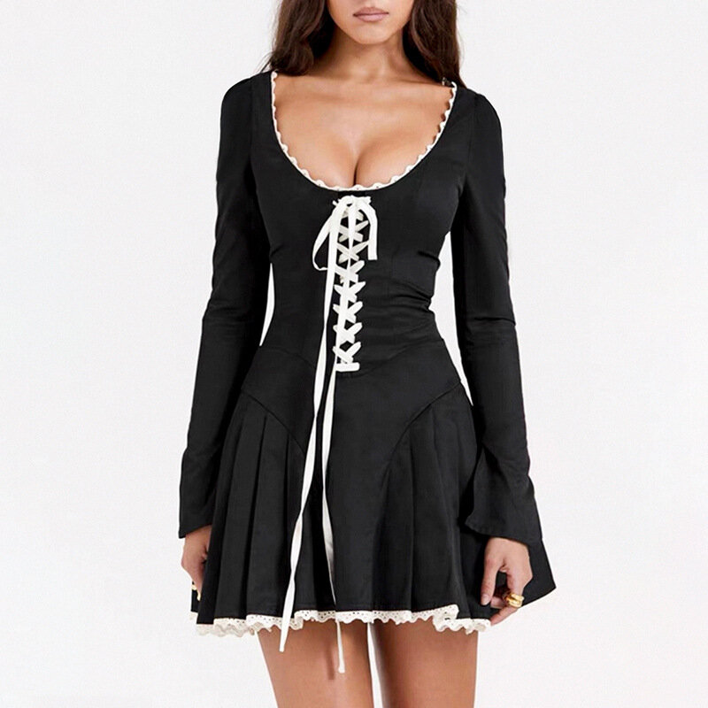 Lace Spliced Lace Strap Waist Shrinking Dress 2023 French Court Style Sexy Low Cut Long Sleeve Pleated Dress For Women
