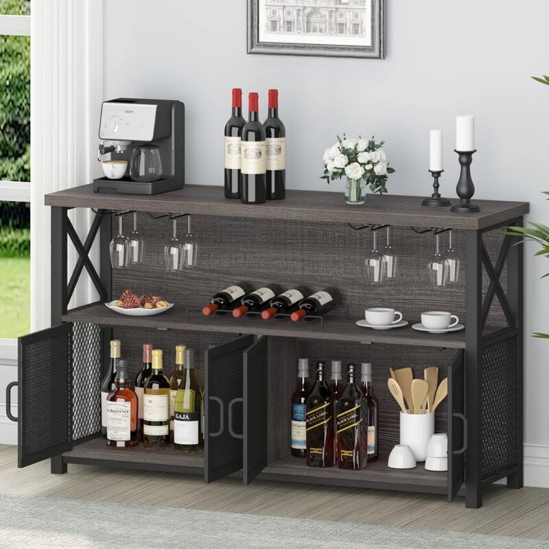 LVB Wine Bar Cabinet, Industrial Sideboard Buffet/Coffee Bar Cabinet for Liquor and Glasses, Farmhouse Metal Wood Rack Cabinet