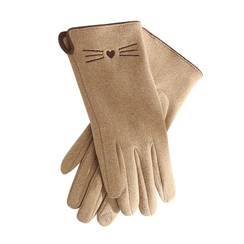 Kobiety jesienno-zimowa ciepła ekran dotykowy polar kot kreskówkowy haft śliczne piękne rękawiczki elastyczne miękkie Drive