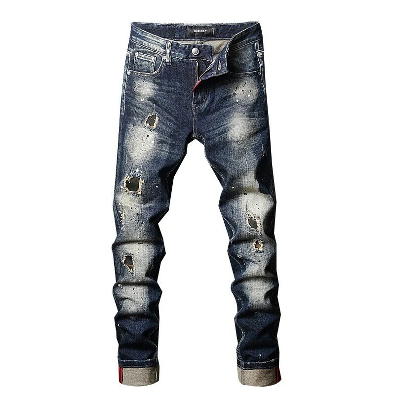 Уличные модные мужские джинсы в стиле ретро, черные, синие Эластичные зауженные рваные джинсы с рисунком и дырками, мужские дизайнерские брюки с заплатками в стиле хип-хоп