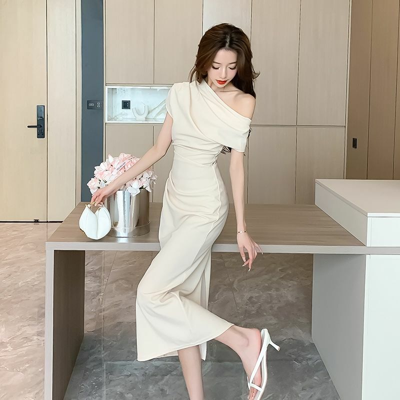 Korea elegante schulter freie Abend party Kleider Frauen Sommer mode schlank ein Stück solide Vestidos koreanischen Abschluss