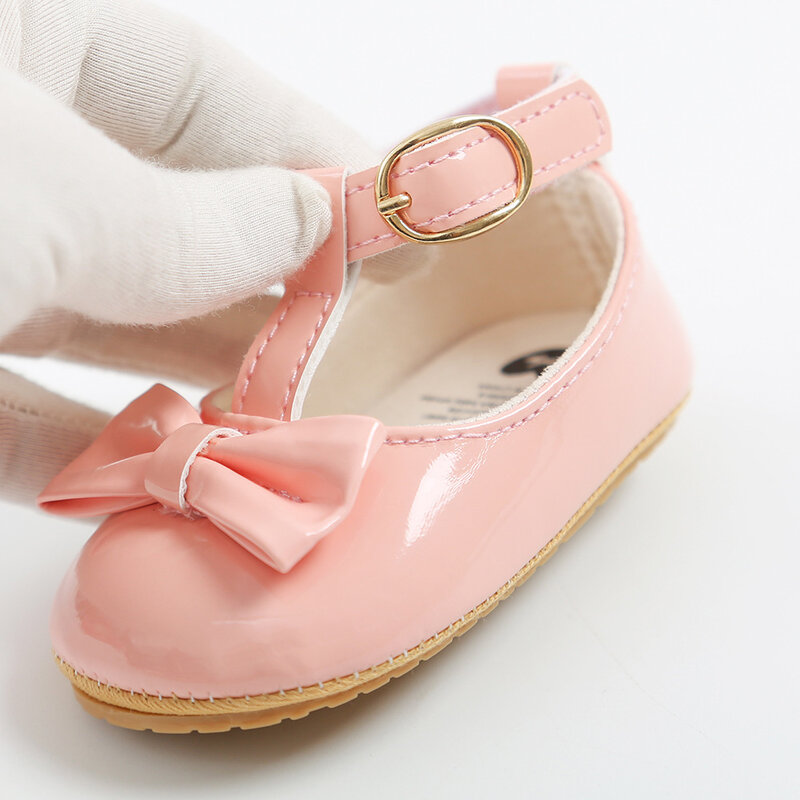 KIDSUN-bonito arco PU Flats para bebês, antiderrapante, sola de borracha macia, sapatos de princesa, criança, primeiros caminhantes, vestido de noiva