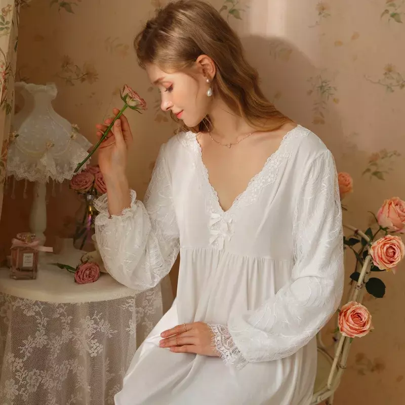 Frühling Herbst süße Baumwolle Nachthemd Prinzessin Nachtwäsche Fee Frauen V-Ausschnitt Nacht kleid sexy Spitze lange einfarbige Nachthemd