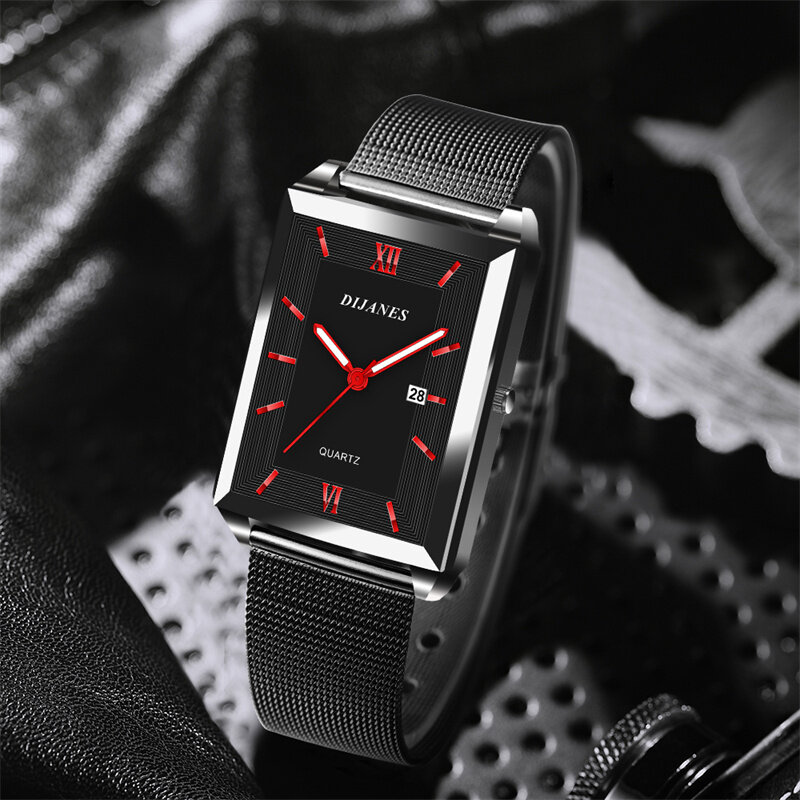 แฟชั่น Mens นาฬิกาผู้ชายสี่เหลี่ยมผืนผ้าสแตนเลสสตีลควอตซ์นาฬิกาข้อมือ Casual นาฬิกาหนัง Часы Мужские