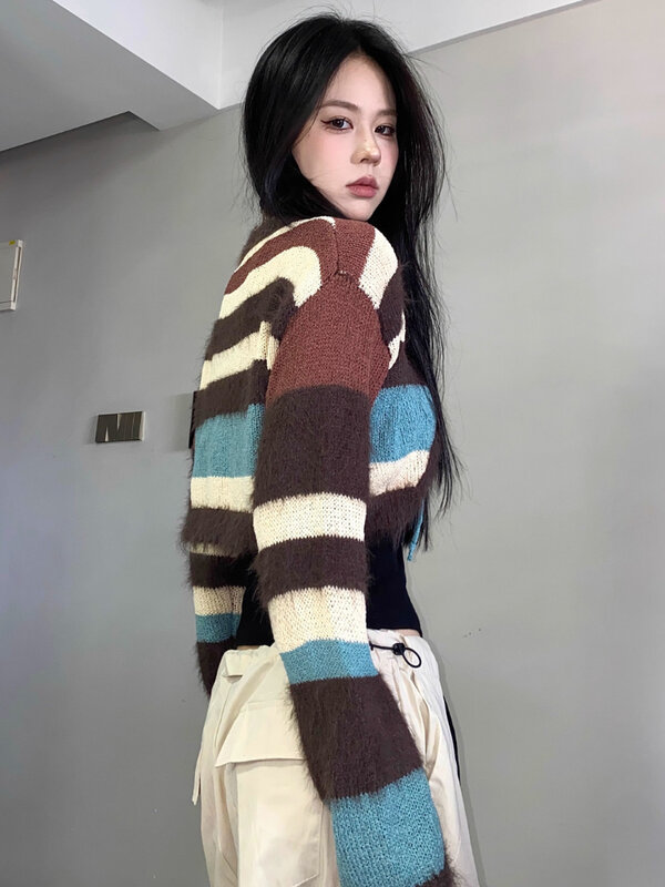 Женский винтажный Укороченный кардиган Deeptown Y2K в полоску, контрастный вязаный свитер в стиле K-POP в стиле Харадзюку, корейские Топы большого размера, уличная одежда 90-х