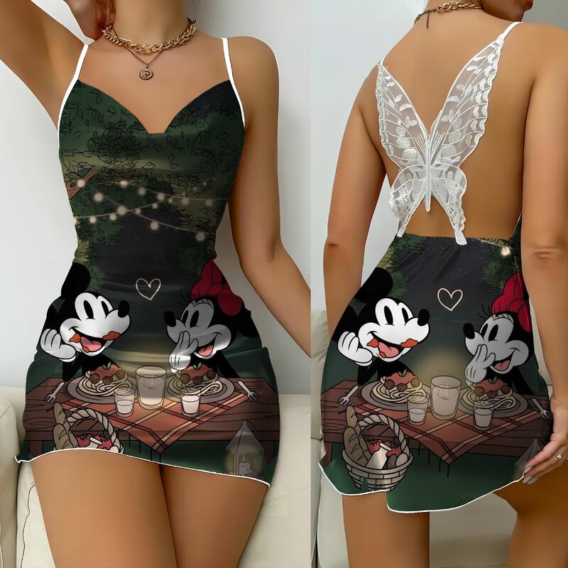 Vestido con espalda descubierta para mujer, minifalda de pijama de Disney, Mickey, Minnie Mouse, superficie de satén, Sexy, para fiesta, 2024