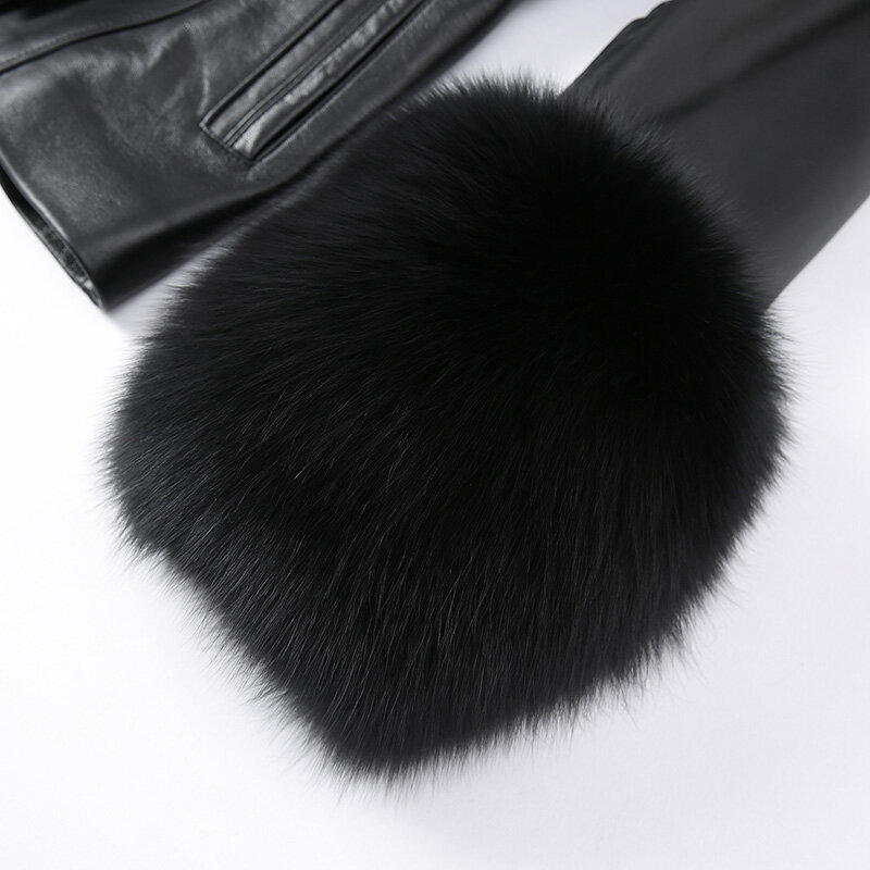 2023 New Autumn Winter Fox Fur Collar Real Leather Jacket Women Lady Streetwear Leather Coats FG5077