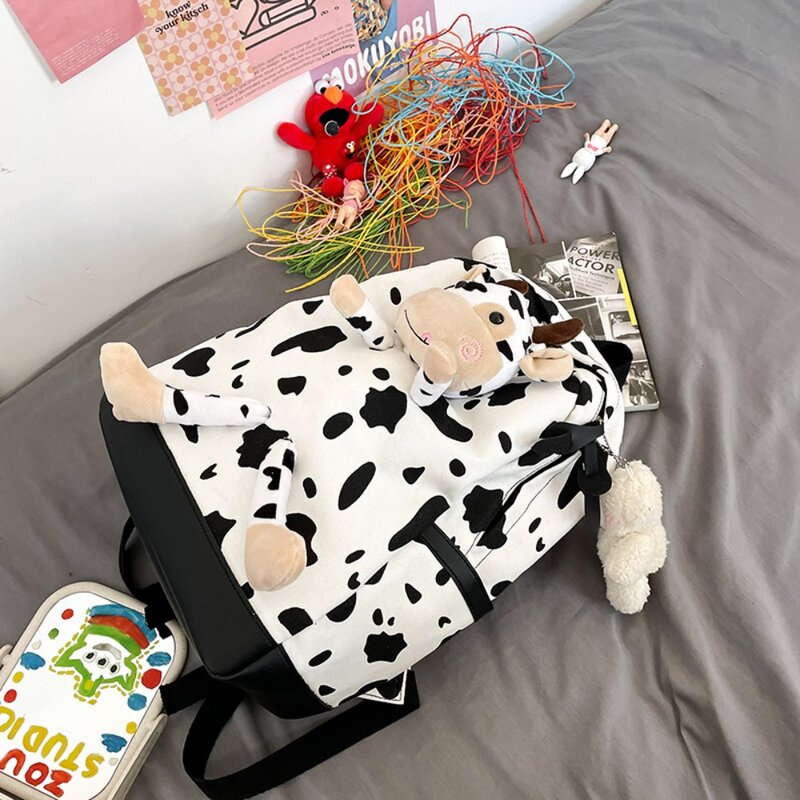 Mochila escolar padrão personalizado vaca, mochilas impermeáveis, lona com zíper, respirável, novo