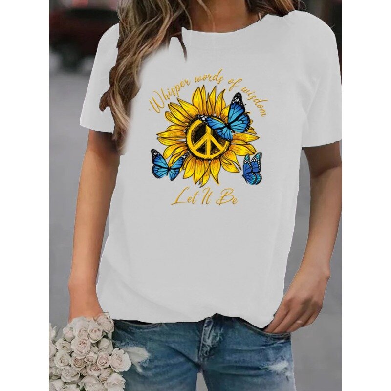 Bawełniana 100% jesienna Europa i Stany Zjednoczone luźna nadrukiem słonecznika z okrągłym dekoltem z krótkim rękawem damska koszulka Oversized T Shirt