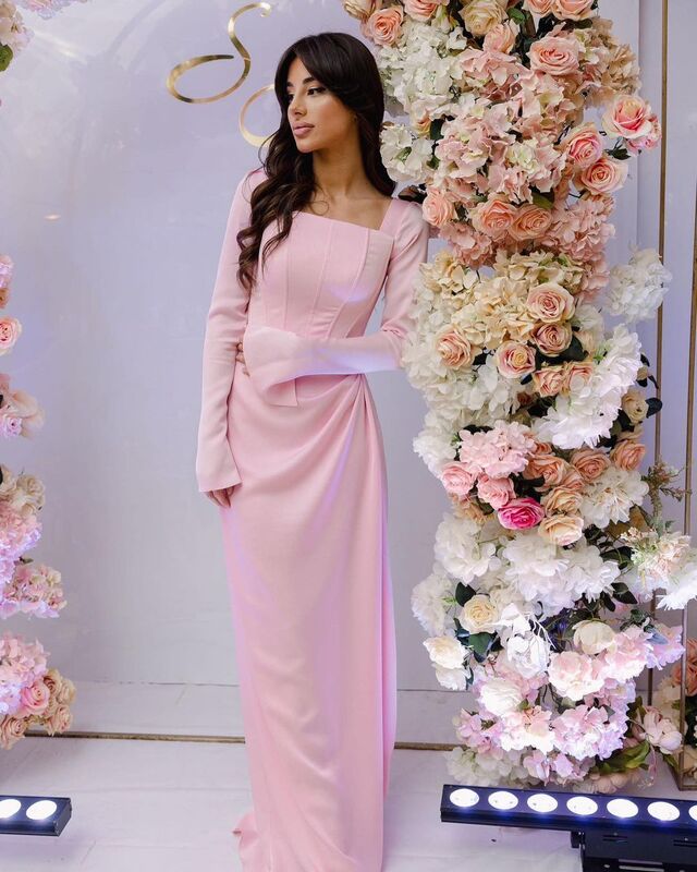 Różowe suknie wieczorowe długi rękaw kwadratowy dekolt suknie balowe falbany satynowa długość do podłogi formalna okazja sukienka na zamówienie 2024