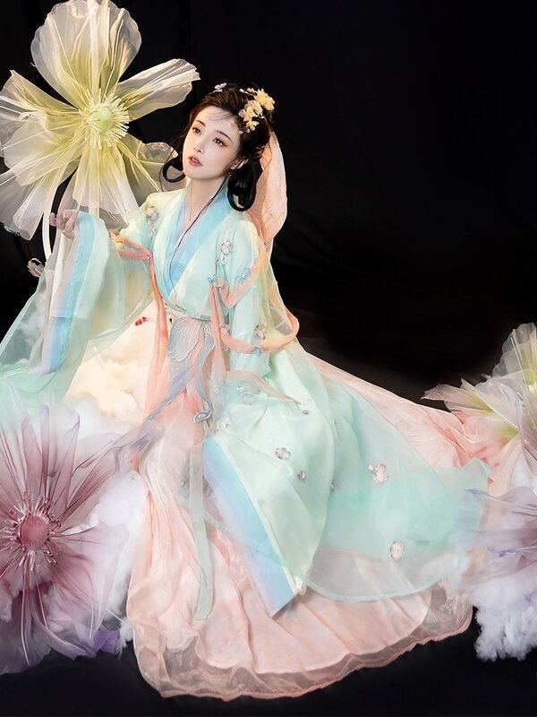 Original Huangyue Hanfu Costume Large Sleeve Northern And Southern Dynasties Cosplay Hanfu Dress Embroidered Waist Women Dress