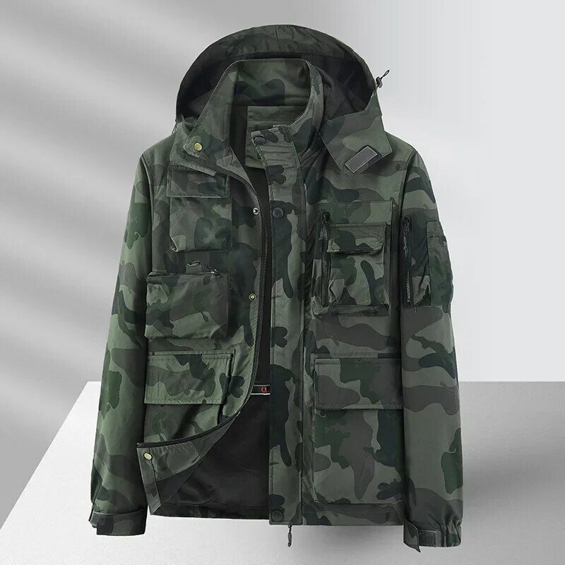 Giacca a vento da uomo primaverile moda Camouflage alpinismo campeggio cappotto con cappuccio giacca tattica antivento e impermeabile all'aperto